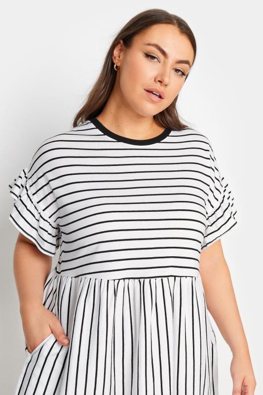 YOURS Plus Size Black & White Stripe Frill Sleeve Smock Tunic Dress | Yours Clothing 4