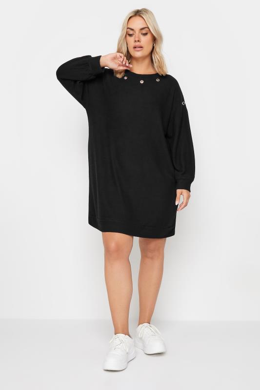 YOURS Plus Size Black Eyelet Soft Touch Jumper Dress | Yours Clothing 2