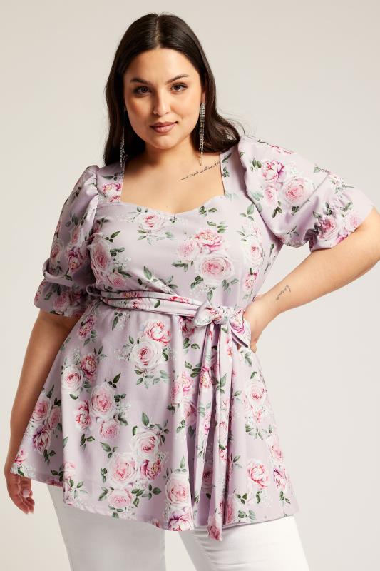 YOURS LONDON Plus Size Light Pink Floral Print Peplum Top | Yours Clothing 1