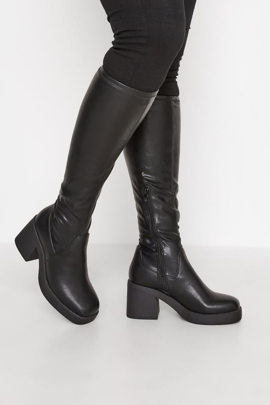 LIMITED COLLECTION Black Block Heel Stretch Knee High Boots In Wide E Fit | Yours Clothing  1