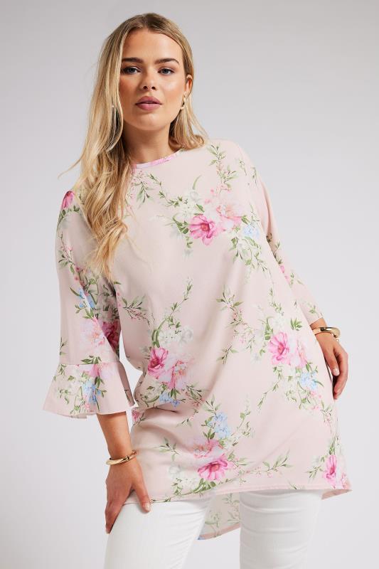 YOURS LONDON Plus Size Pink Floral Flute Sleeve Tunic | Yours Clothing 1