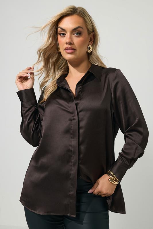Yours London Women's Plus Size Chocolate Brown Satin Shirt Size 12