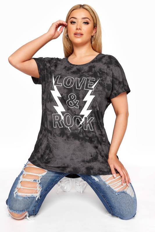 Großen Größen  Curve Black Tie Dye 'Love & Rock' Printed T-Shirt