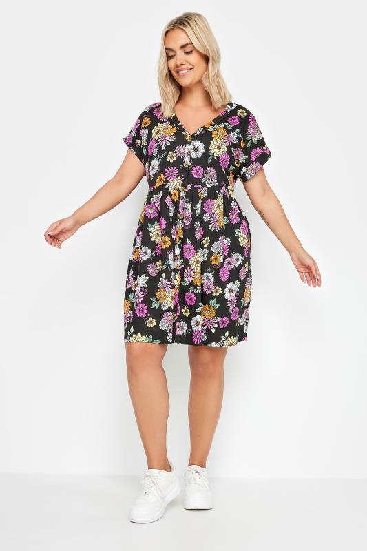YOURS Plus Size Black Floral Print Button Front Smock Dress | Yours Clothing 2