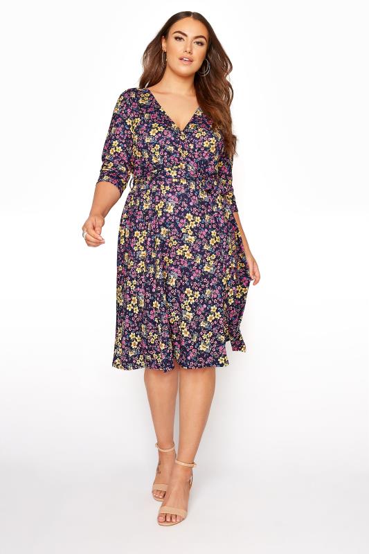 YOURS LONDON Navy Blue Floral Wrap Midi Dress | Yours Clothing 2