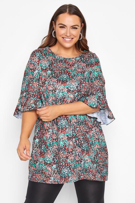 Plus Size  Black Ditsy Floral Frill Sleeve Top