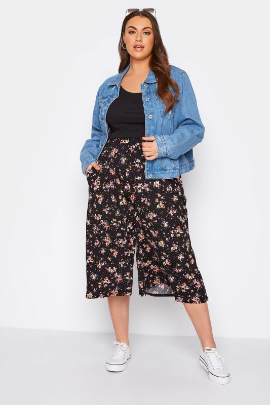Plus Size Black Ditsy Floral Jersey Culottes | Yours Clothing 2