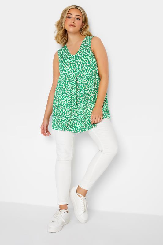 YOURS Plus Size Green Daisy Print Pleat Front Vest Top | Yours Clothing 2