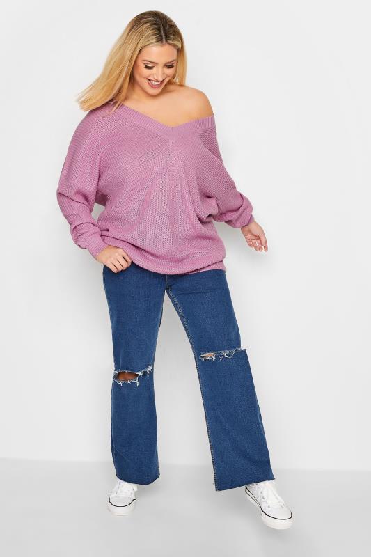 YOURS Plus Size Lilac Purple Double V-Neck Jumper | Yours Clothing 2