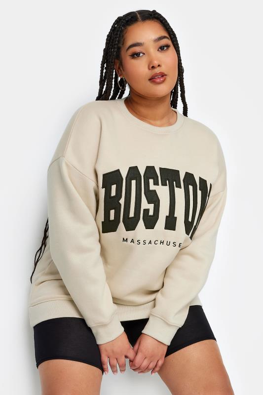 YOURS Plus Size Beige Brown 'Boston' Embroidered Slogan Sweatshirt | Yours Clothing 1