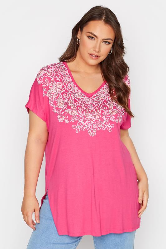 Plus Size Pink Aztec Embroidered T-Shirt | Yours Clothing 1
