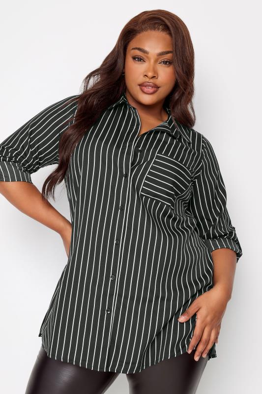 YOURS Plus Size Black & White Stripe Print Boyfriend Shirt | Yours Clothing 1