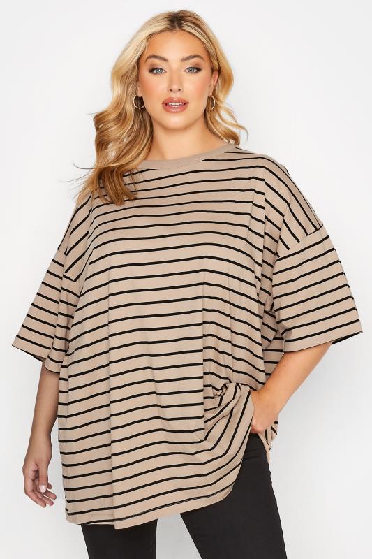 Plus Size Beige Brown Stripe Oversized Boxy T-Shirt | Yours Clothing 1