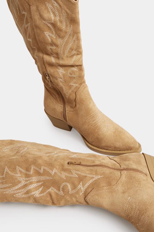 PixieGirl Tan Brown Faux Suede Knee High Cowboy Boots In Standard D Fit | PixieGirl 5