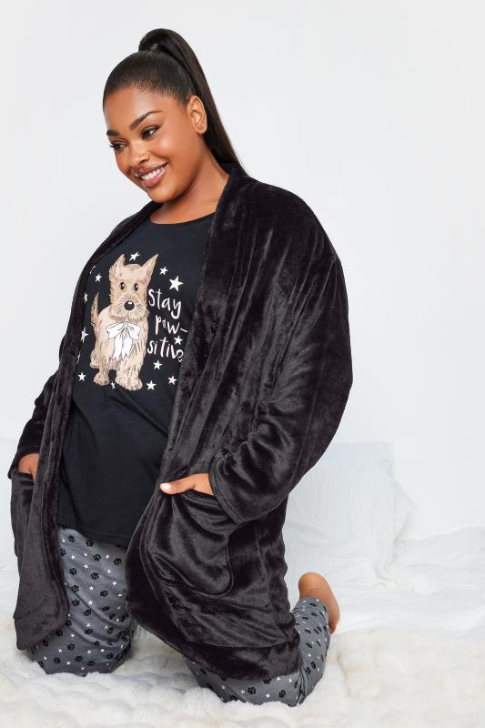 YOURS Plus Size Black Soft Touch Short Dressing Gown | Yours Clothing 2