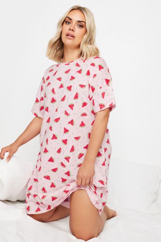YOURS Plus Size Pink Watermelon Print Sleep Tee Nightdress | Yours Clothing 1