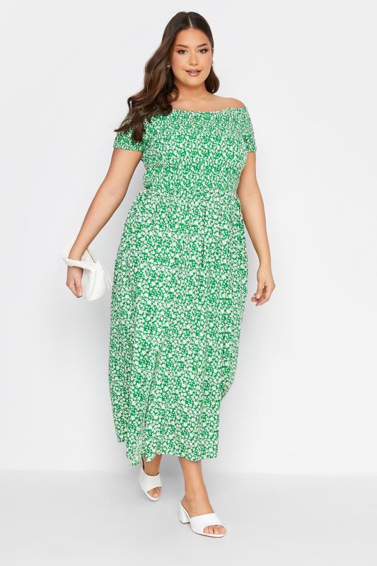 Plus Size  Curve Green Floral Shirred Bardot Maxi Dress