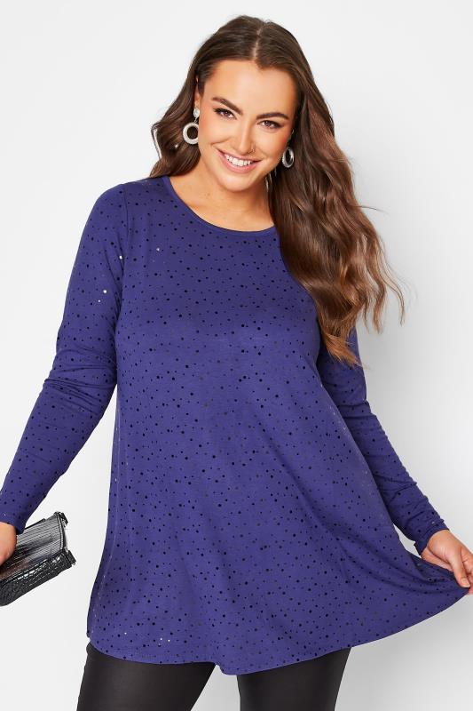 Plus Size  YOURS Curve Blue Embellished Long Sleeve Swing Top