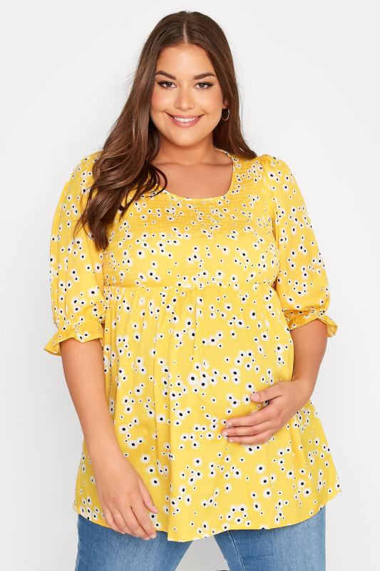 BUMP IT UP MATERNITY Curve Yellow Floral Print Shirred Top 1