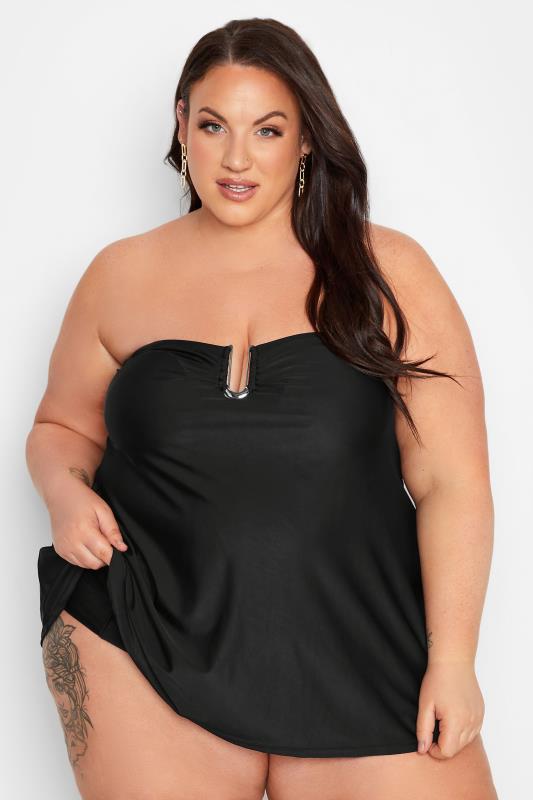 YOURS Black Metal Trim A-Line Tankini Top | Yours Clothing  2