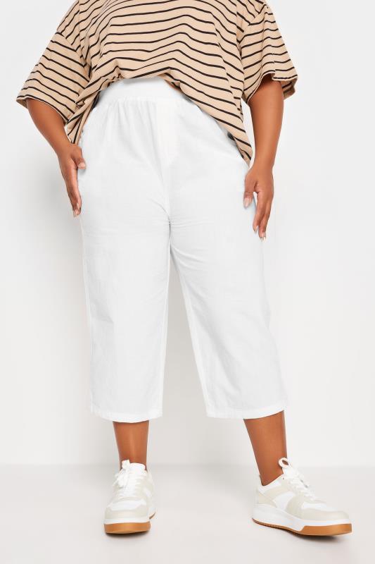 YOURS Plus Size White Elasticated Cool Cotton Cropped Trousers | Yours Clothing 2