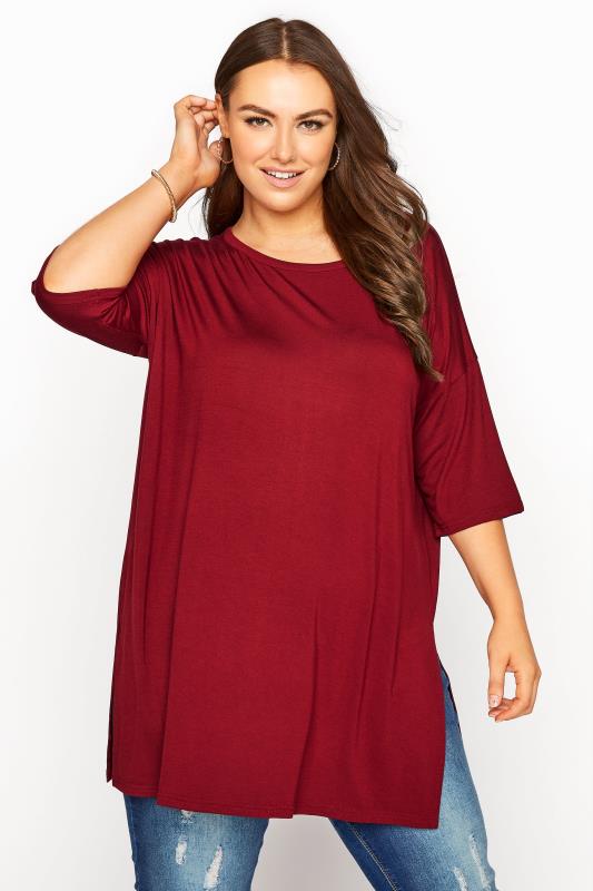 Plus Size Wine Red Oversized Jersey T-Shirt | Yours Clothing 1