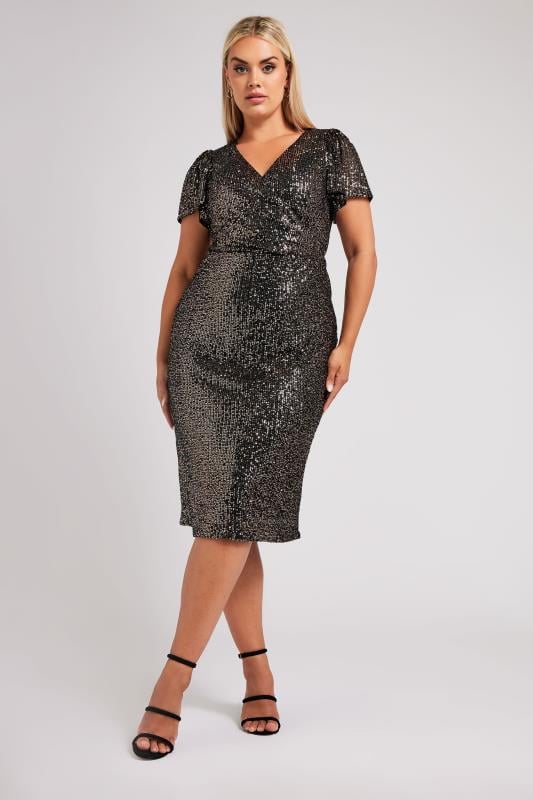 YOURS LONDON Plus Size Black & Gold Sequin Embellished Wrap Dress 4