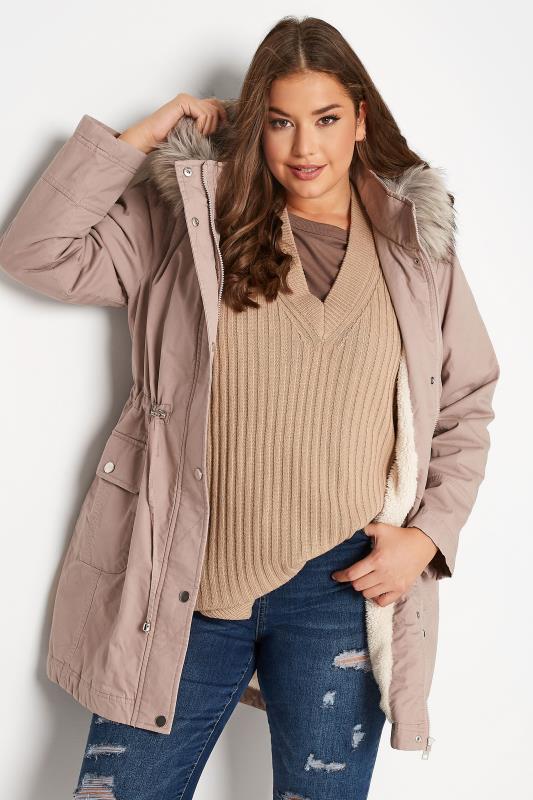 Plus Size Pink Faux Fur Lined Hooded Parka Coat | Yours Clothing 1