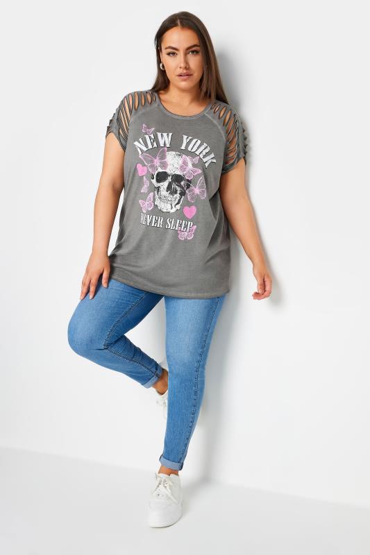 YOURS Plus Size Grey Cut Out 'New York' Slogan T-Shirt | Yours Clothing 2