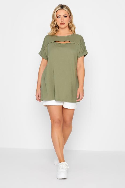 YOURS Plus Size Khaki Green Cut Out T-Shirt | Yours Clothing 3