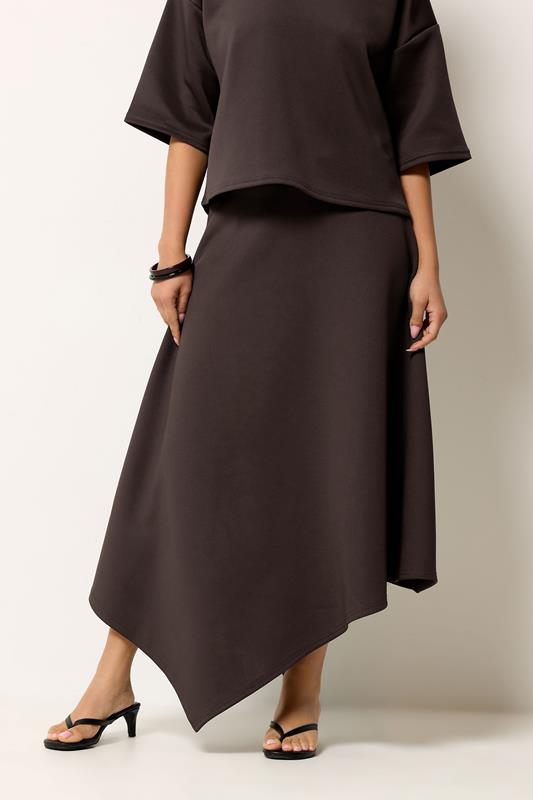 PixieGirl Petite Women's Chocolate Brown Asymmetric Hem Midi Skirt | PixieGirl 1