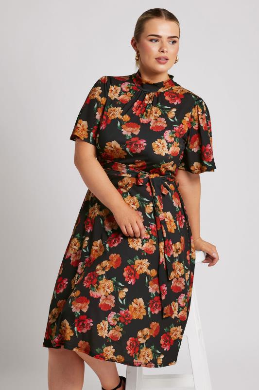  YOURS LONDON Curve Black & Orange Floral Print Skater Dress