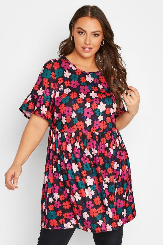  dla puszystych YOURS Curve Black & Pink Floral Short Sleeve Tunic Dress