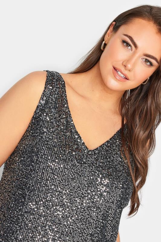 YOURS LONDON Plus Size Silver Sequin Swing Vest Top | Yours Clothing 5