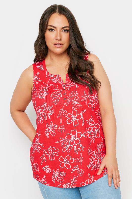 YOURS Plus Size Red Floral Print Pintuck Henley Vest Top | Yours Clothing 5
