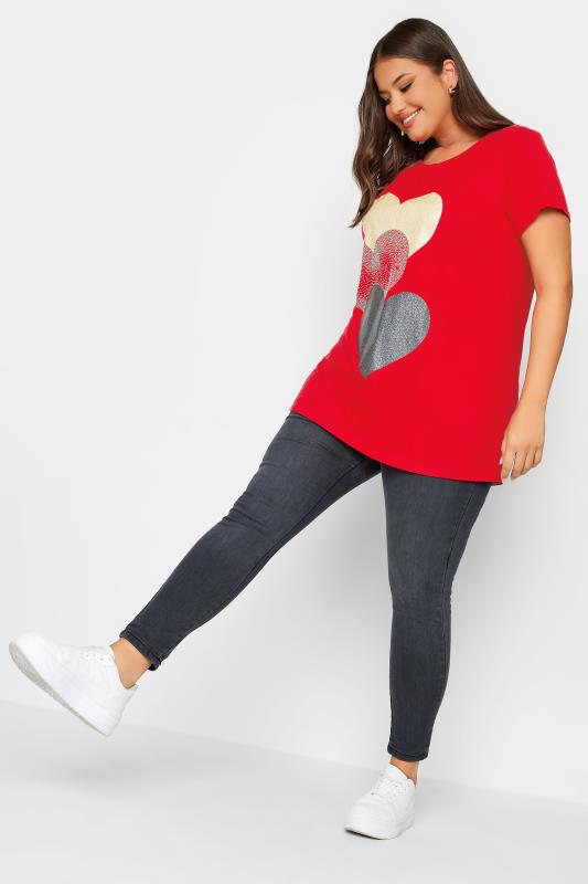 YOURS Curve Plus Size Red Glitter Heart Print T-Shirt | Yours Clothing  2