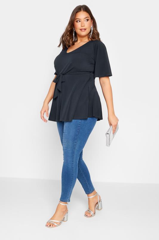 YOURS LONDON Plus Size Navy Blue Tie Front Angel Sleeve Top | Yours Clothing 2