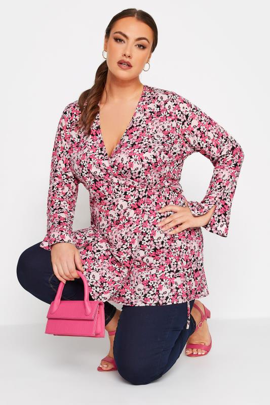 LIMITED COLLECTION Plus Size Pink Floral Print Wrap Top | Yours Clothing 3