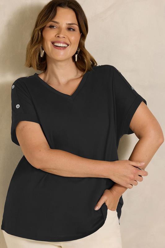 EVANS Curve Black Button Shoulder T-Shirt
