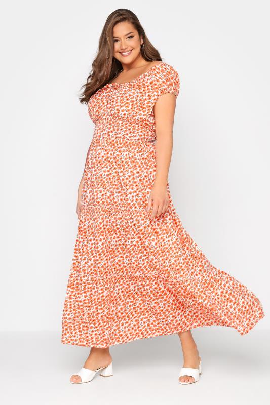 Plus Size  Curve Orange Floral Print Bardot Maxi Dress