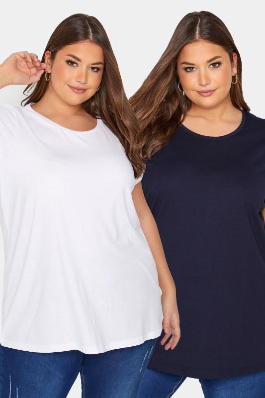 Plus Size 2 PACK Curve Navy Blue & White Short Sleeve T-Shirts | Yours CLothing  1