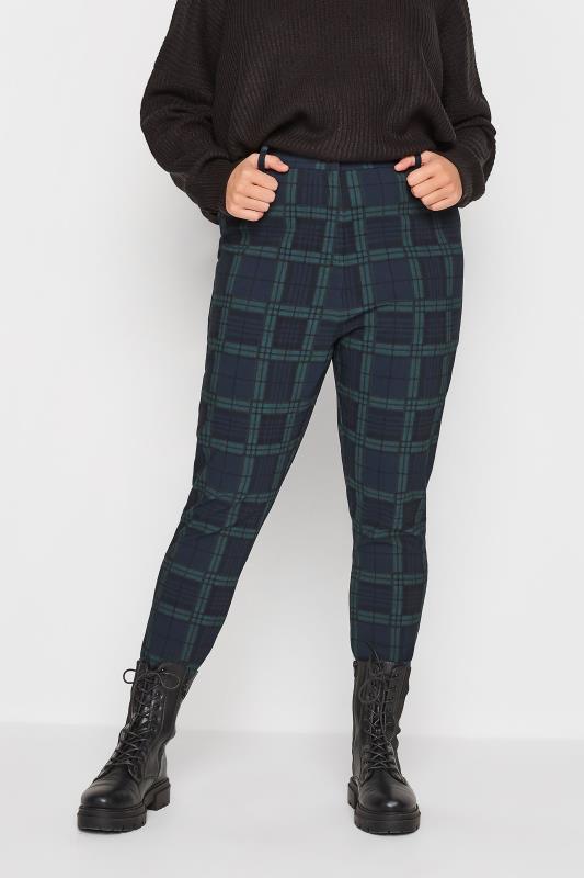 Plus Size  YOURS Curve Navy Blue & Green Check Print Bengaline Slim Leg Stretch Trousers