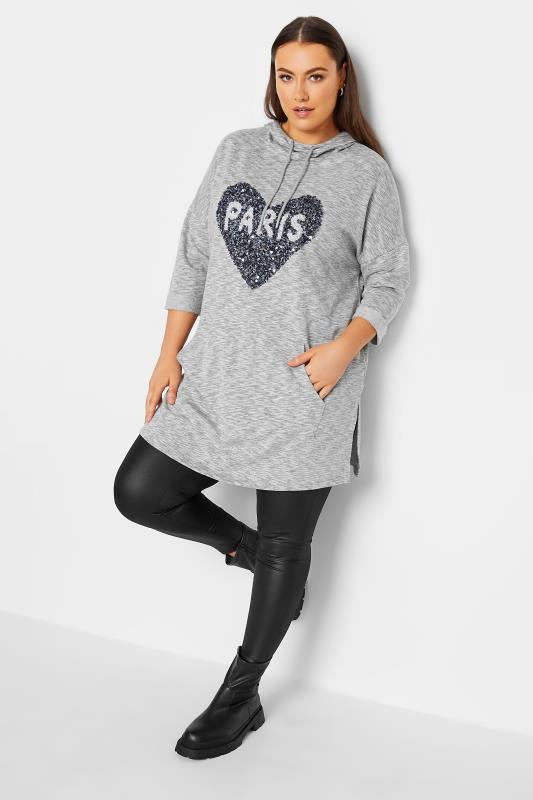 YOURS LUXURY Plus Size Curve Grey 'Paris' Glitter Heart Hoodie | Yours Clothing  2