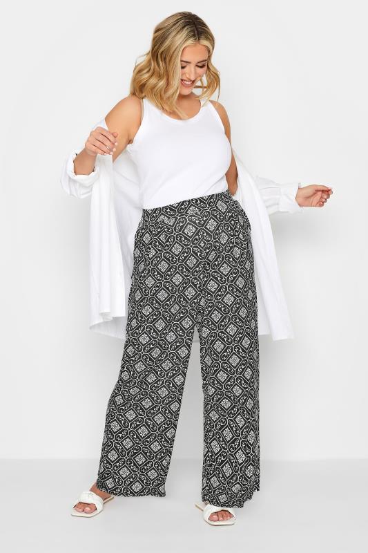 YOURS Curve Plus Size Black Pleated Tile Print Stretch Wide Leg Trousers | Yours Clothing  2
