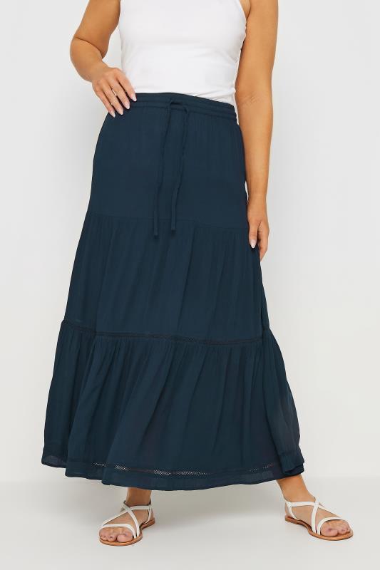  Tallas Grandes M&Co Navy Blue Tiered Maxi Skirt