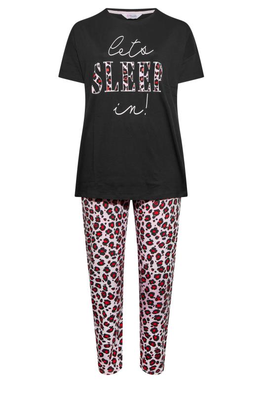 Plus Size Black Animal Print 'Let's Sleep In' Pyjama Set | Yours Clothing 2