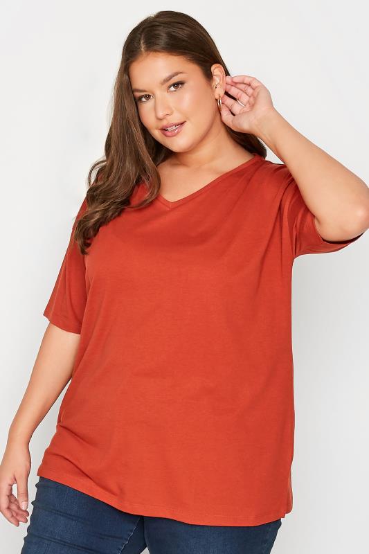 Plus Size Rust Orange V-neck T-shirt | Yours Clothing  1