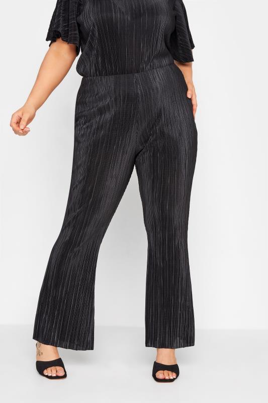 LIMITED COLLECTION Plus Size Black Plisse Kick Flare Trousers | Yours Clothing  1