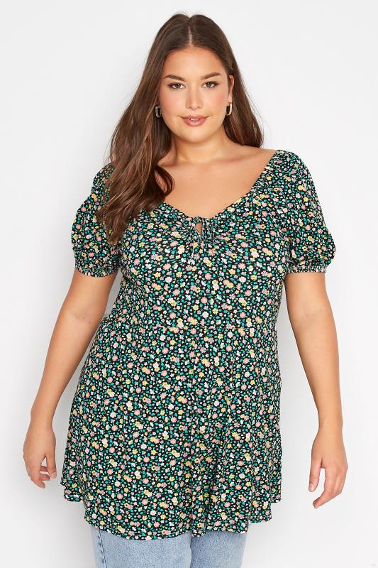 Plus Size  Curve Green Floral Keyhole Gypsy Top