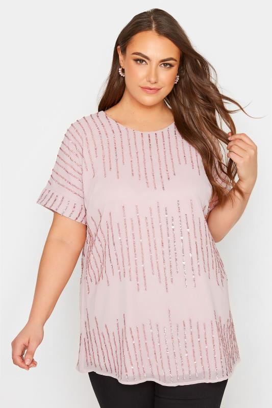 Plus Size LUXE Pink Sequin Hand Embellished Top | Yours Clothing 1